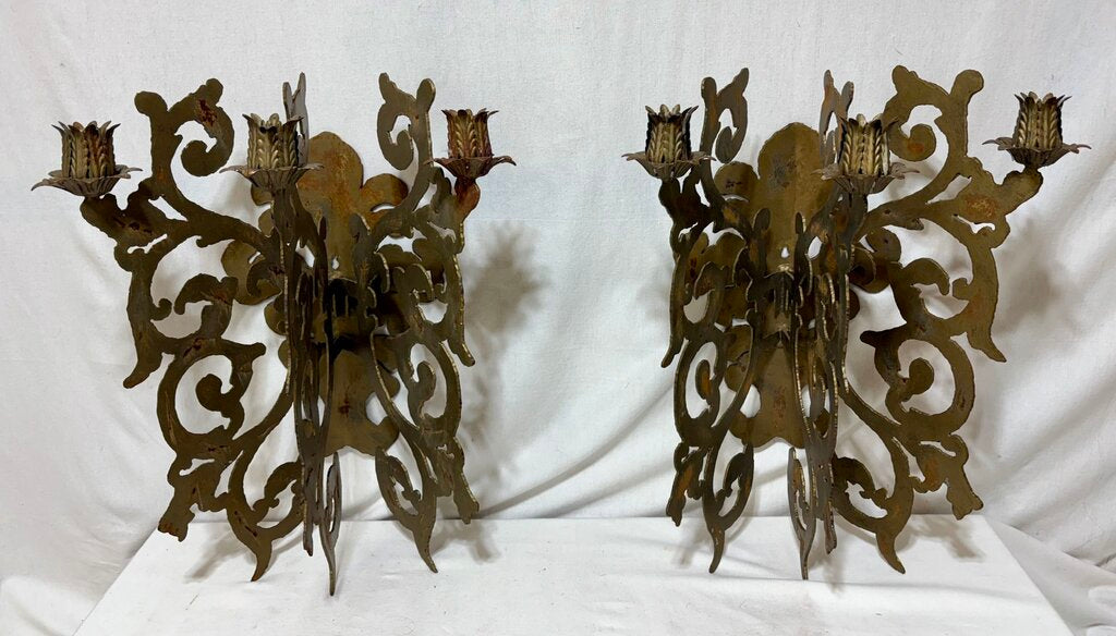 Custom Hand Made Plasma Cut French Style Bronze Finish 3 Candle Wall Sconce (PAIR)