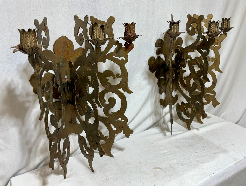 Custom Hand Made Plasma Cut French Style Bronze Finish 3 Candle Wall Sconce (PAIR)