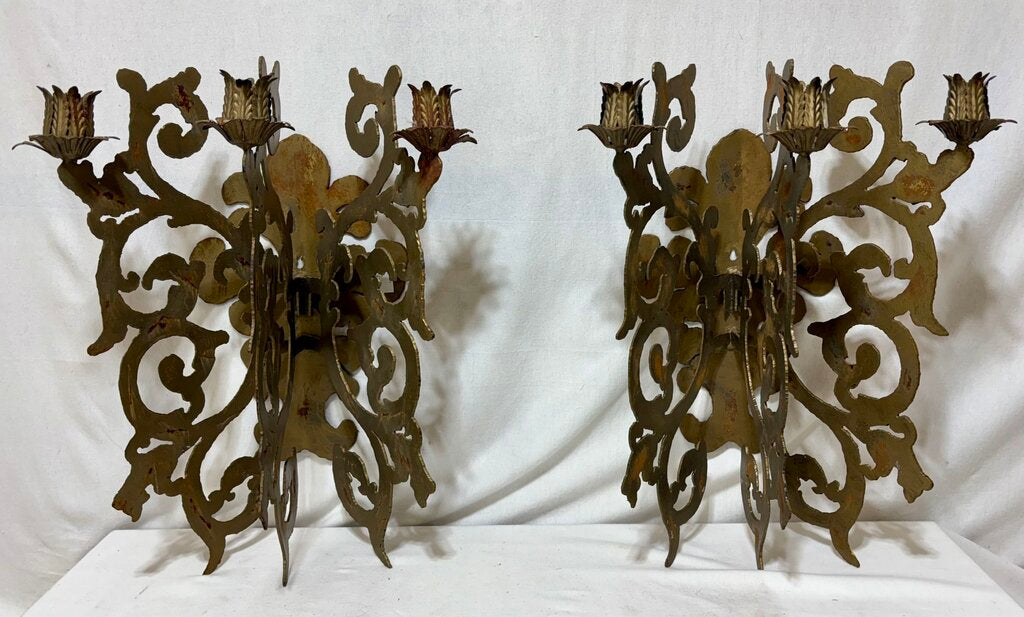 Custom Hand Made Plasma Cut French Style Bronze Finish 3 Candle Wall Sconce (PAIR)