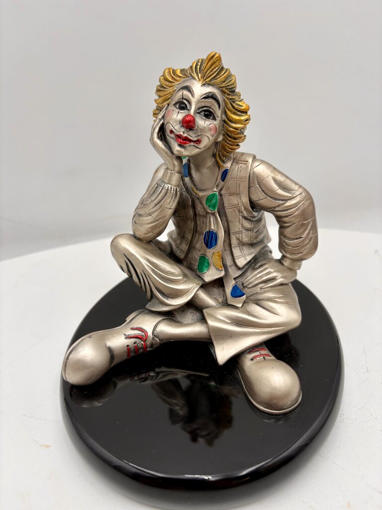 Mida Italy Argenti Silver .925 Laminate & Enamel Painted Clown Series Sitting Clown Head in Hand on Black Lacquered Base