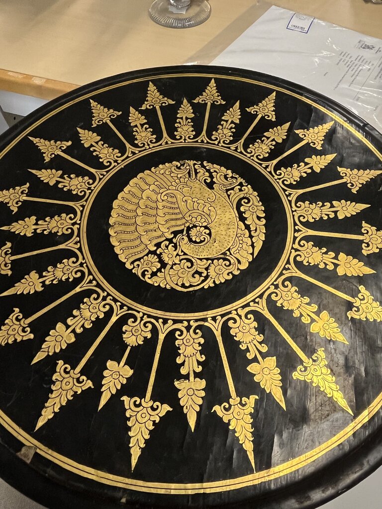 Burmese Gilt & Black Lacquer Peacock Folding Table 14x15