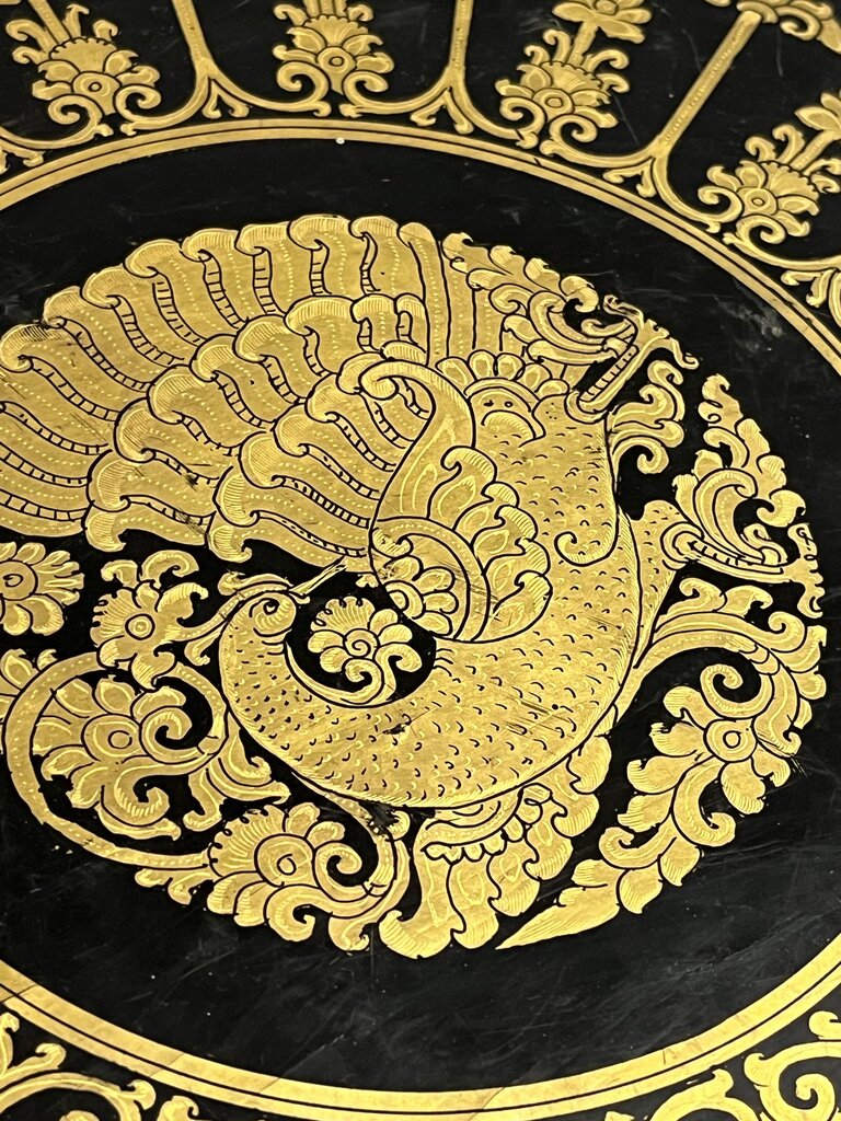 Burmese Gilt & Black Lacquer Peacock Folding Table 14x15