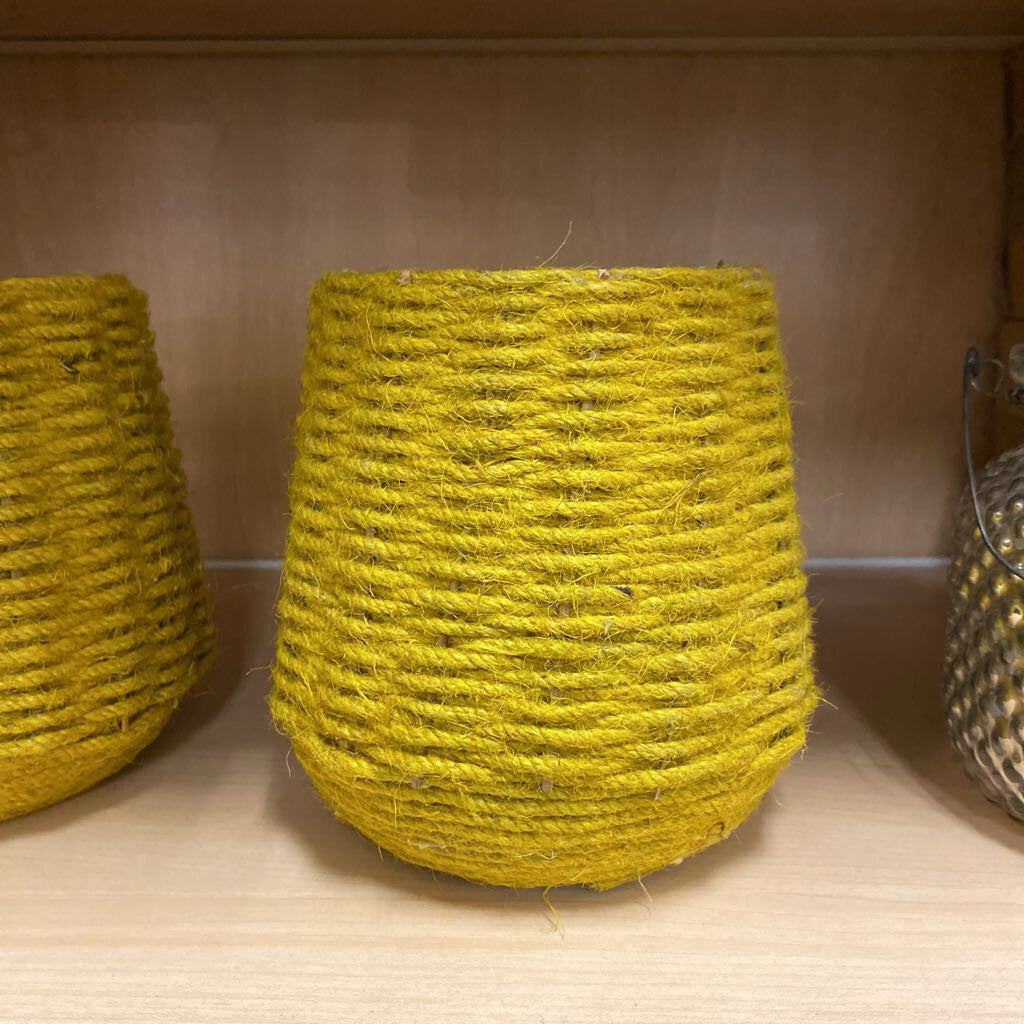 Woven Mustard Yellow & Glass Candle Holder
