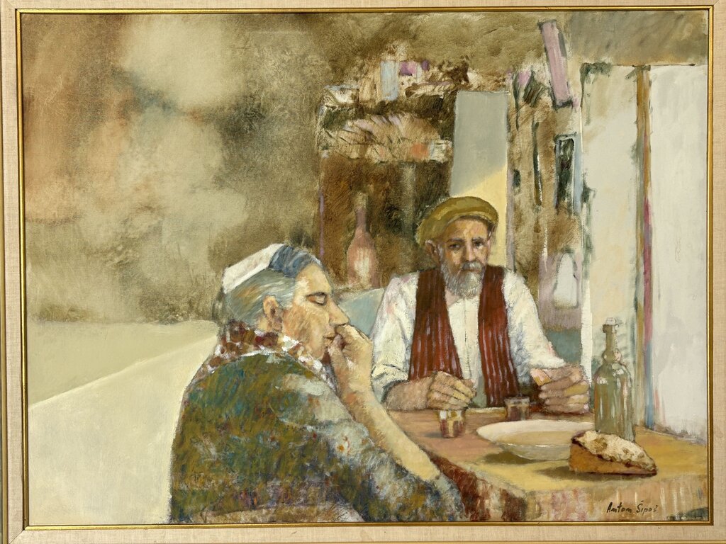 Anton Sipos Untitled Men Conversing Original Signed Oil on Canvas