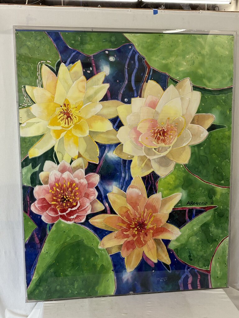 Arogone Colorful Water Lilies Watercolor & Pencil Original Painting in Acrylic Case
