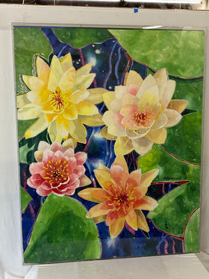 Arogone Colorful Water Lilies Watercolor & Pencil Original Painting in Acrylic Case
