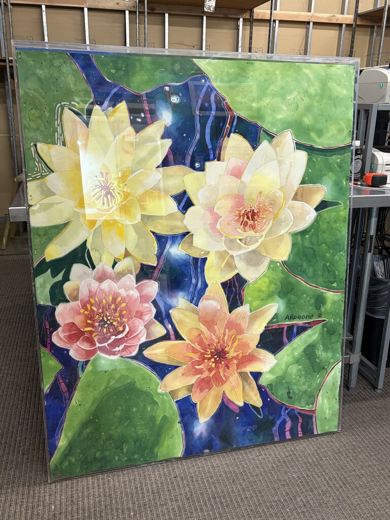 Arogone Colorful Water Lilies Watercolor & Pencil Original Painting in Acrylic Case