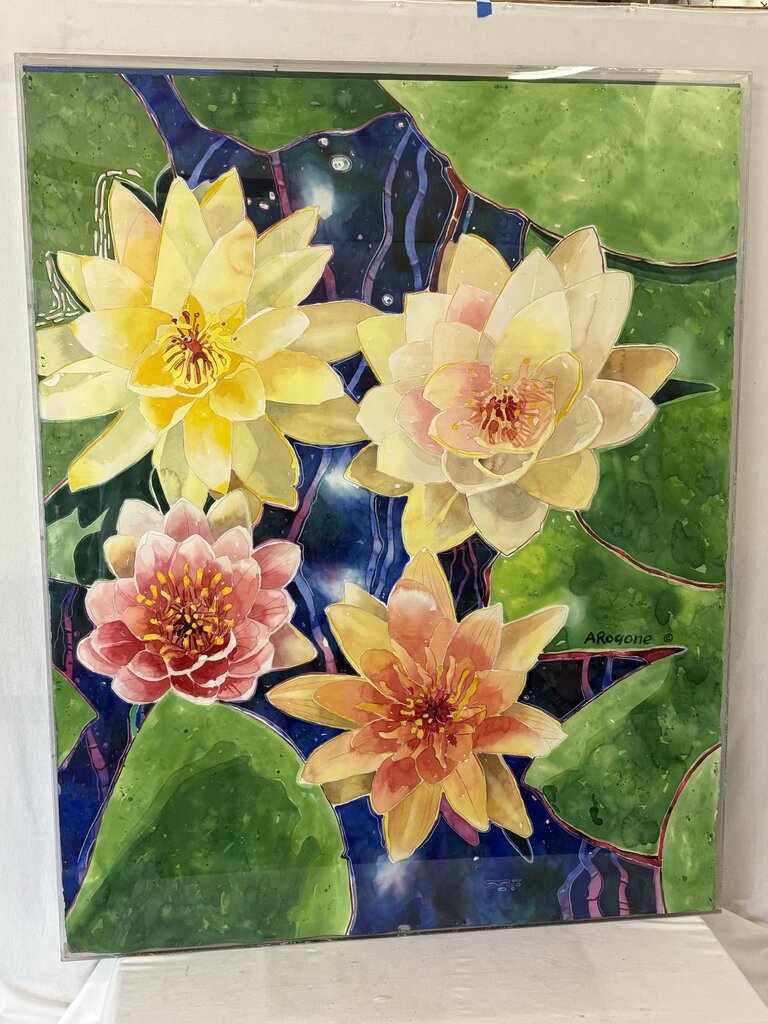 Arogone Colorful Water Lilies Watercolor & Pencil Original Painting in Acrylic Case