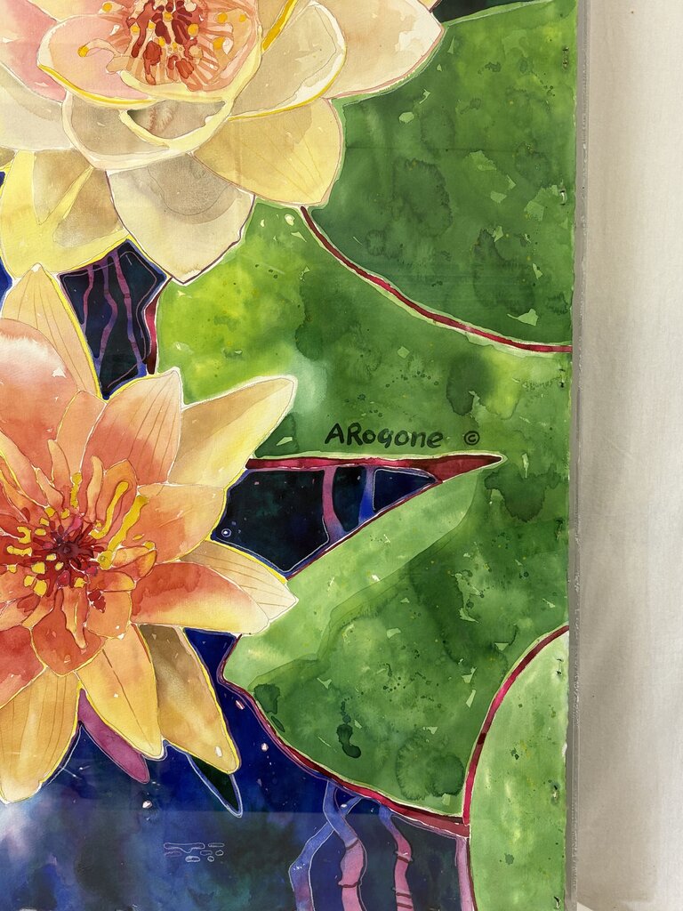 Arogone Colorful Water Lilies Watercolor & Pencil Original Painting in Acrylic Case