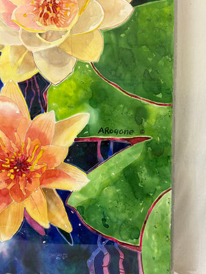 Arogone Colorful Water Lilies Watercolor & Pencil Original Painting in Acrylic Case