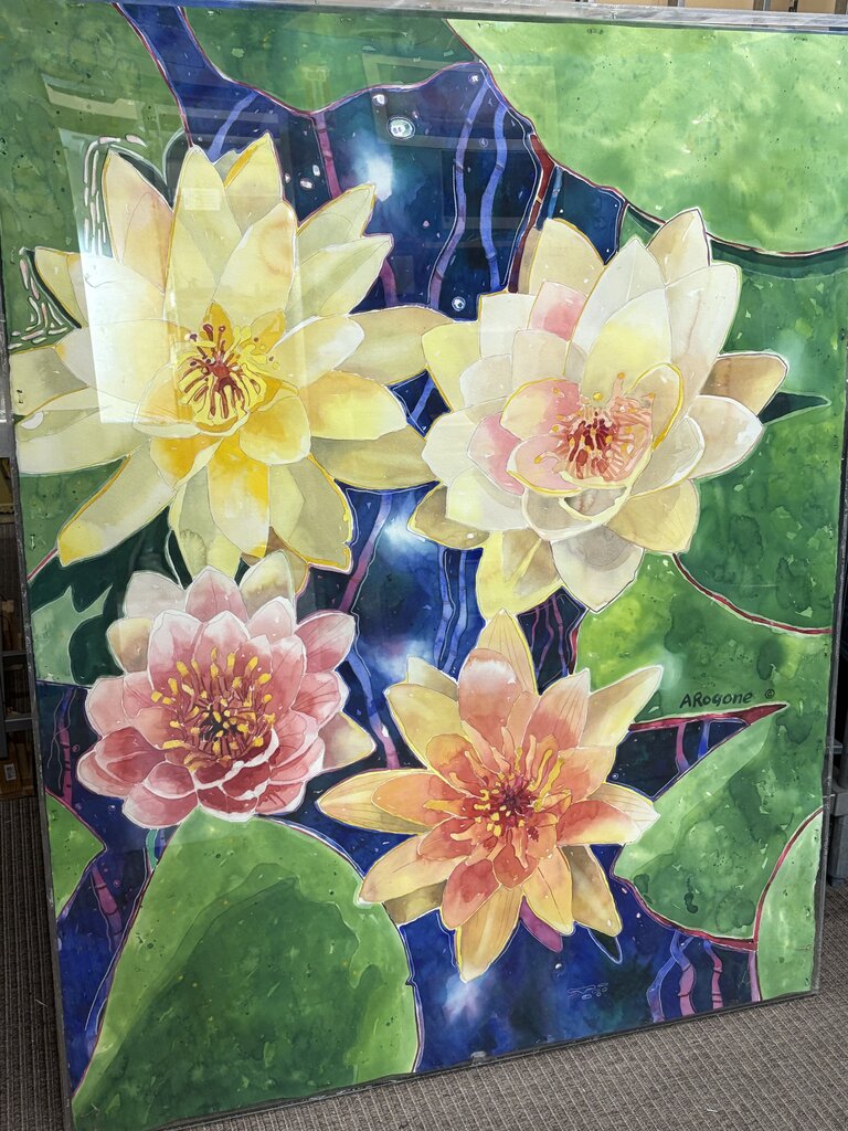 Arogone Colorful Water Lilies Watercolor & Pencil Original Painting in Acrylic Case
