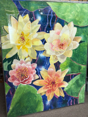 Arogone Colorful Water Lilies Watercolor & Pencil Original Painting in Acrylic Case