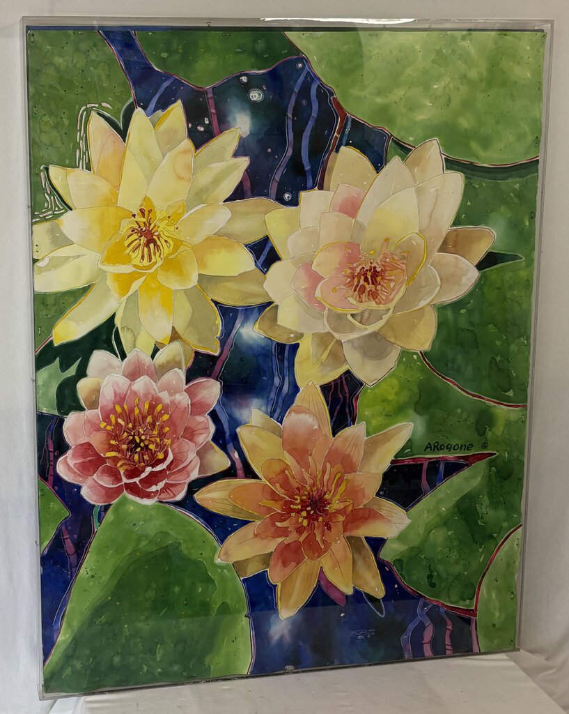 Arogone Colorful Water Lilies Watercolor & Pencil Original Painting in Acrylic Case