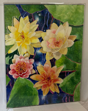 Arogone Colorful Water Lilies Watercolor & Pencil Original Painting in Acrylic Case