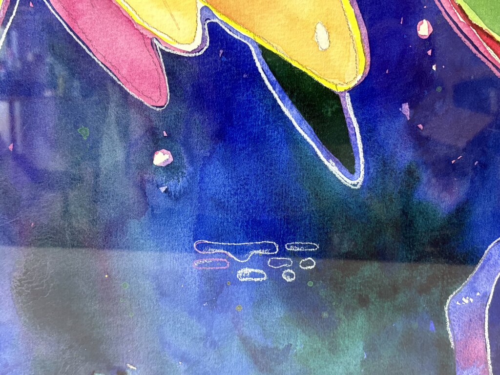 Arogone Colorful Water Lilies Watercolor & Pencil Original Painting in Acrylic Case