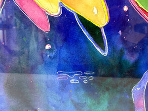 Arogone Colorful Water Lilies Watercolor & Pencil Original Painting in Acrylic Case