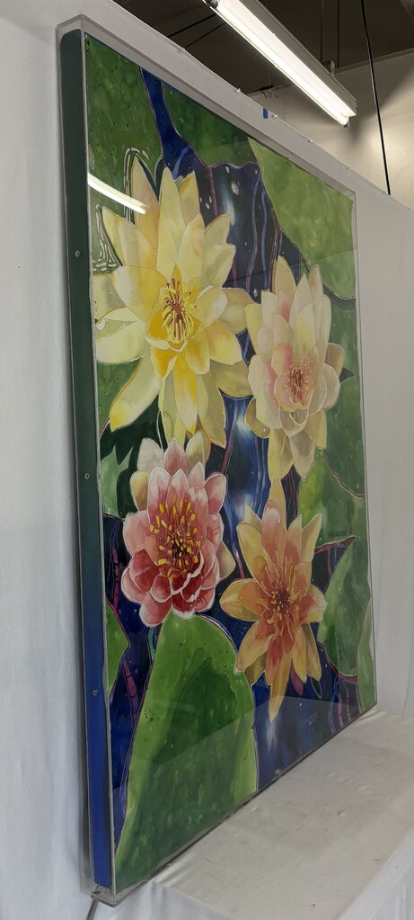 Arogone Colorful Water Lilies Watercolor & Pencil Original Painting in Acrylic Case