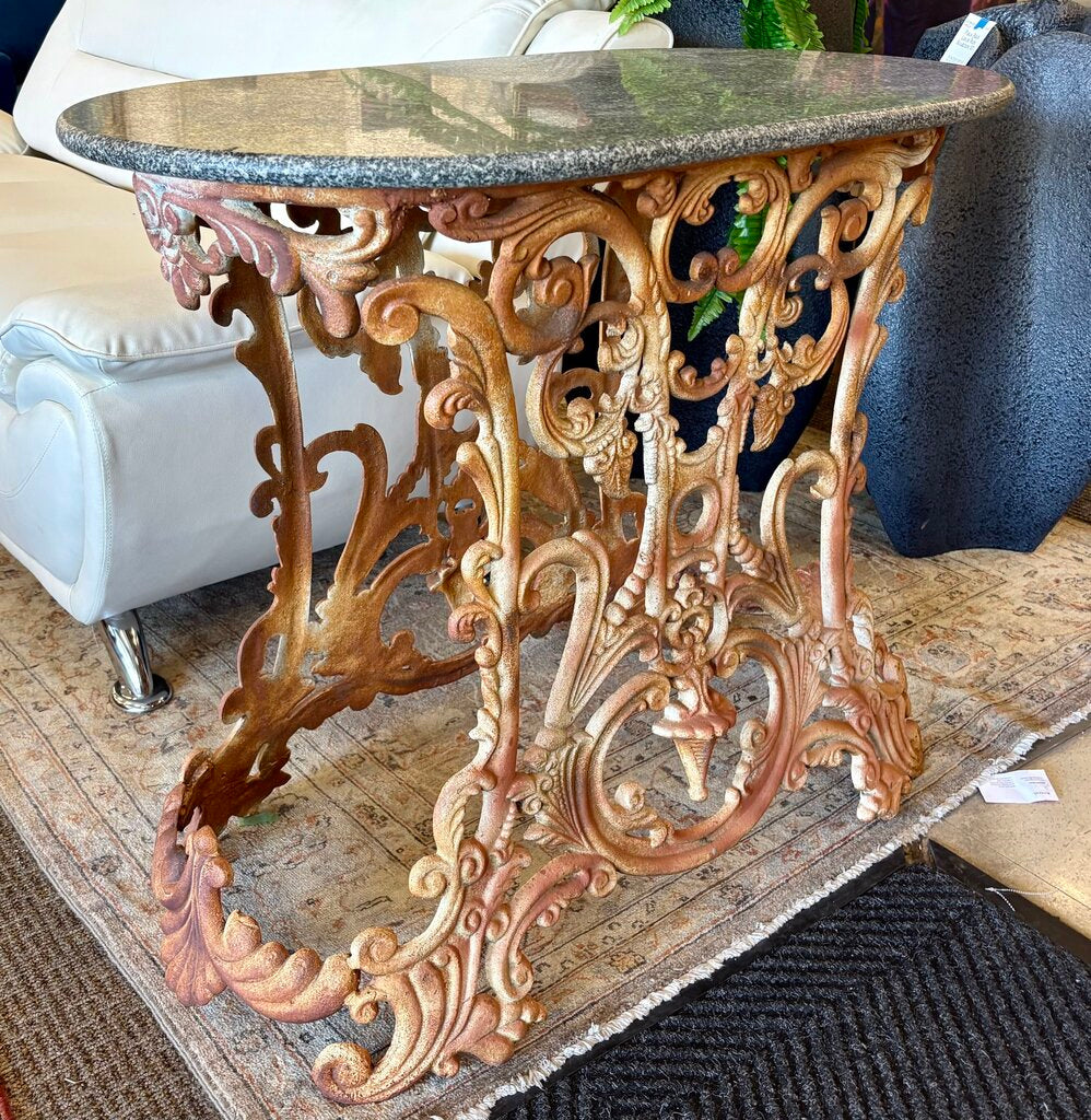 Victorian 2 Piece Cast Iron Oval Black Granite Top Outdoor Table