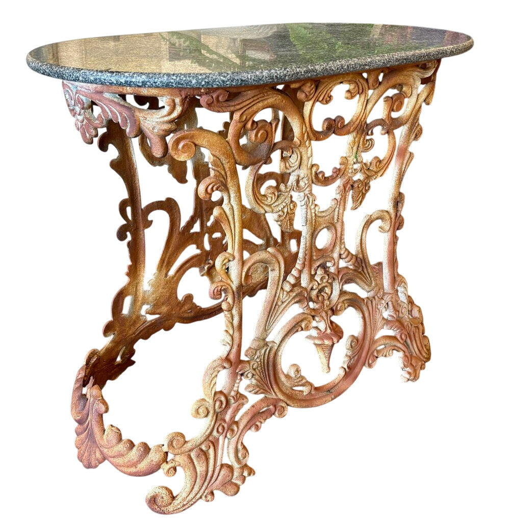 Victorian 2 Piece Cast Iron Oval Black Granite Top Outdoor Table by Miss Daisy's Consignment & Auction House