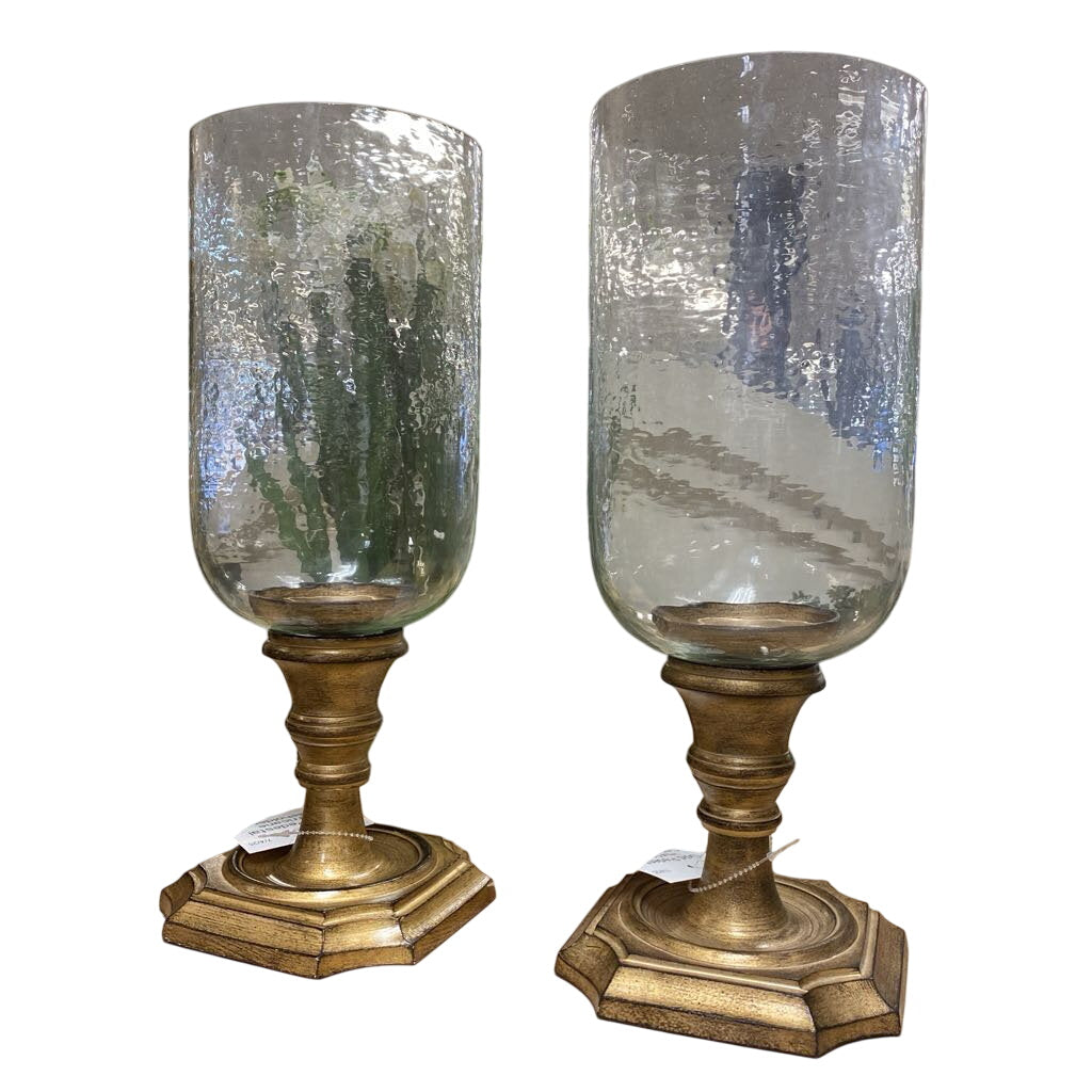 Gold Pedestal Hurricane Candleholder 16" by Miss Daisy's Consignment & Auction House