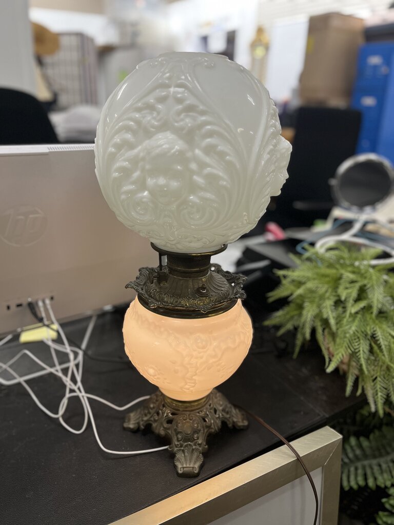 GWTW Cherub Face Milk Glass Banquet Lamp by Miss Daisy's Consignment & Auction House