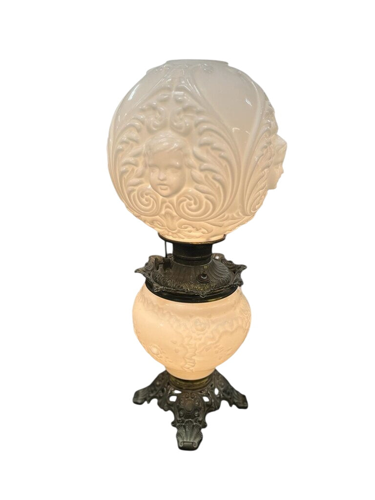 GWTW Cherub Face Milk Glass Banquet Lamp by Miss Daisy's Consignment & Auction House