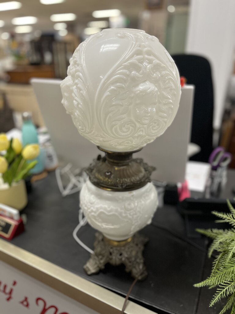 GWTW Cherub Face Milk Glass Banquet Lamp