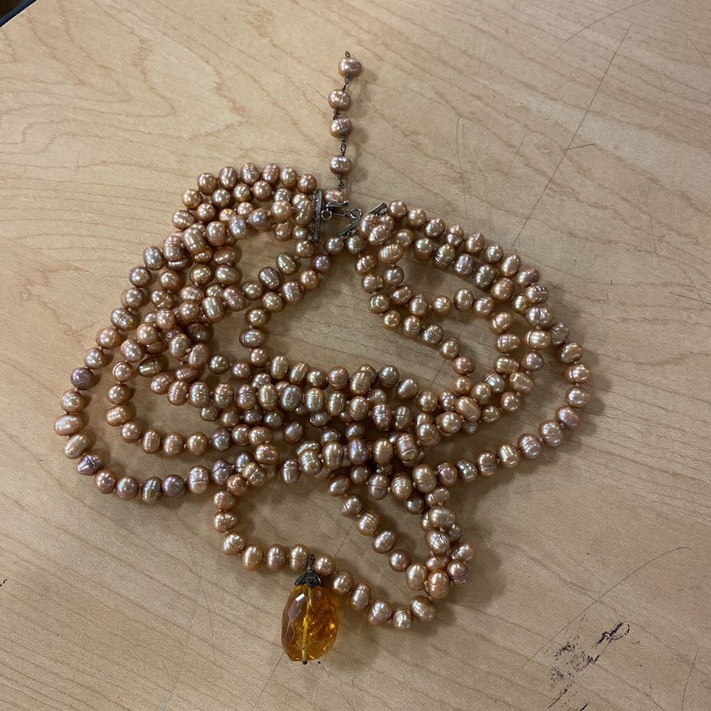 5 Strand Pink Pearl & Amber Necklace
