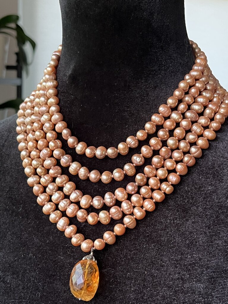 5 Strand Pink Pearl & Amber Necklace