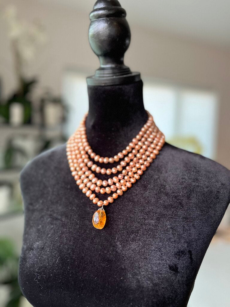 5 Strand Pink Pearl & Amber Necklace