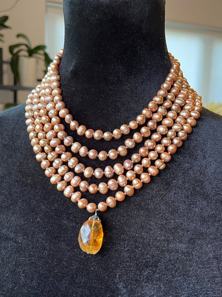 5 Strand Pink Pearl & Amber Necklace
