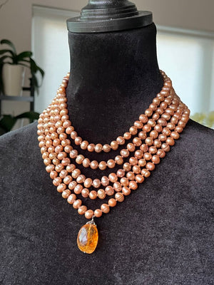5 Strand Pink Pearl & Amber Necklace