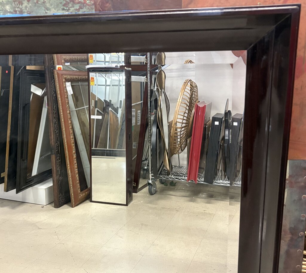 Dark Hardwood Lacquered Beveled Glass Wall Mirror w/ Hanger Bar Hardware