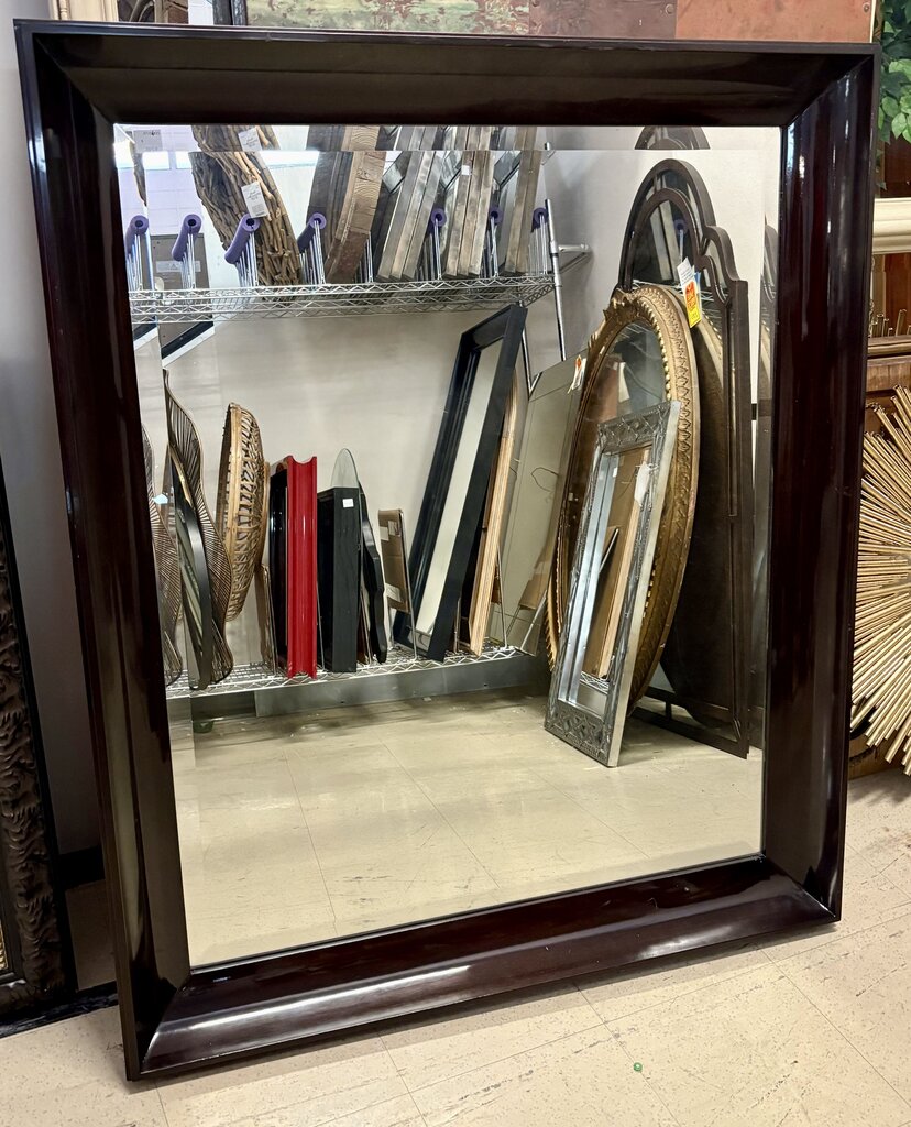 Dark Hardwood Lacquered Beveled Glass Wall Mirror w/ Hanger Bar Hardware