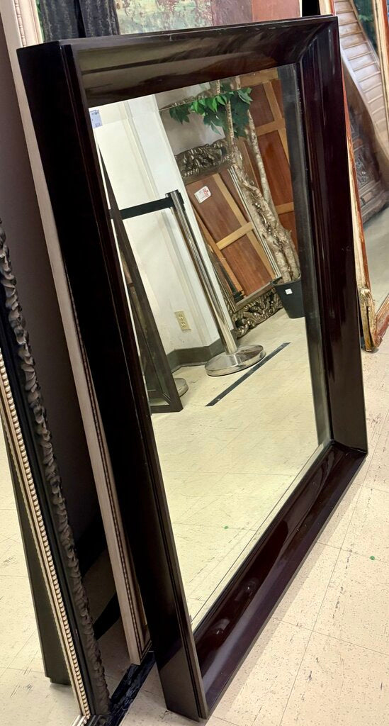 Dark Hardwood Lacquered Beveled Glass Wall Mirror w/ Hanger Bar Hardware