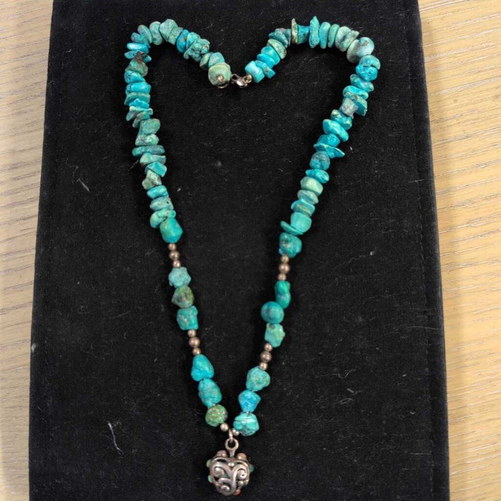 Turquoise & Siler w/Heart Necklace 16"