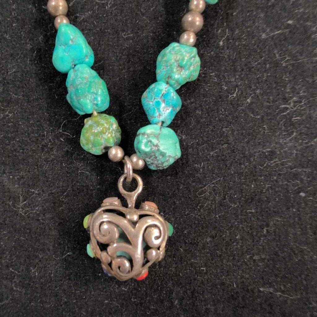 Turquoise & Siler w/Heart Necklace 16"