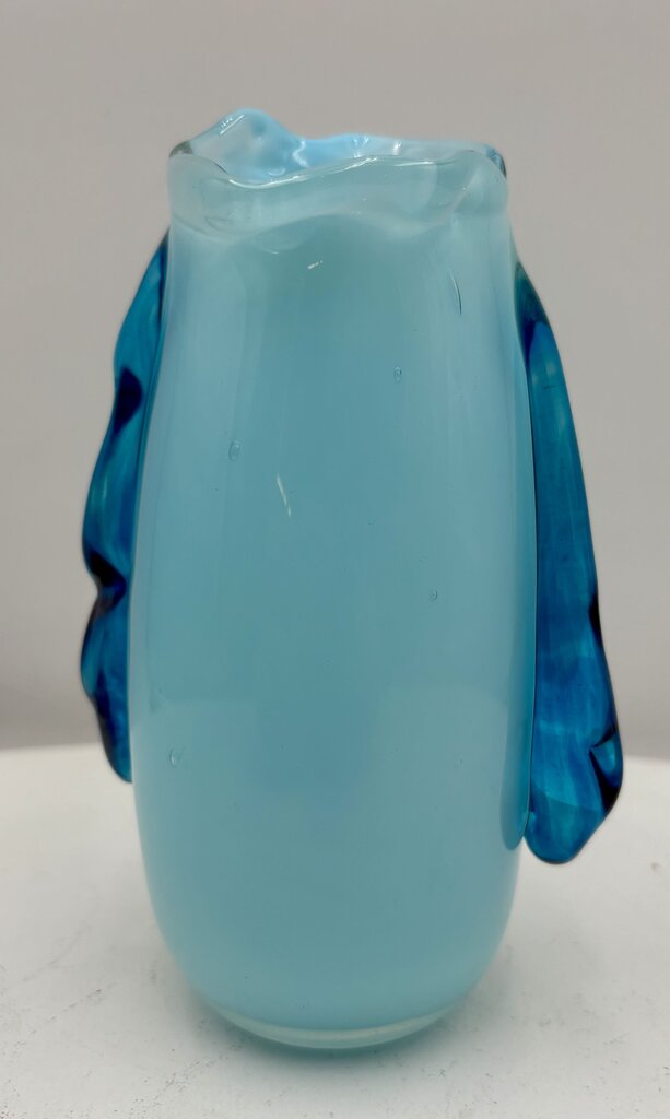 Murano Style Blown Glass Blue Bud Vase 6.6" Signed Bottom