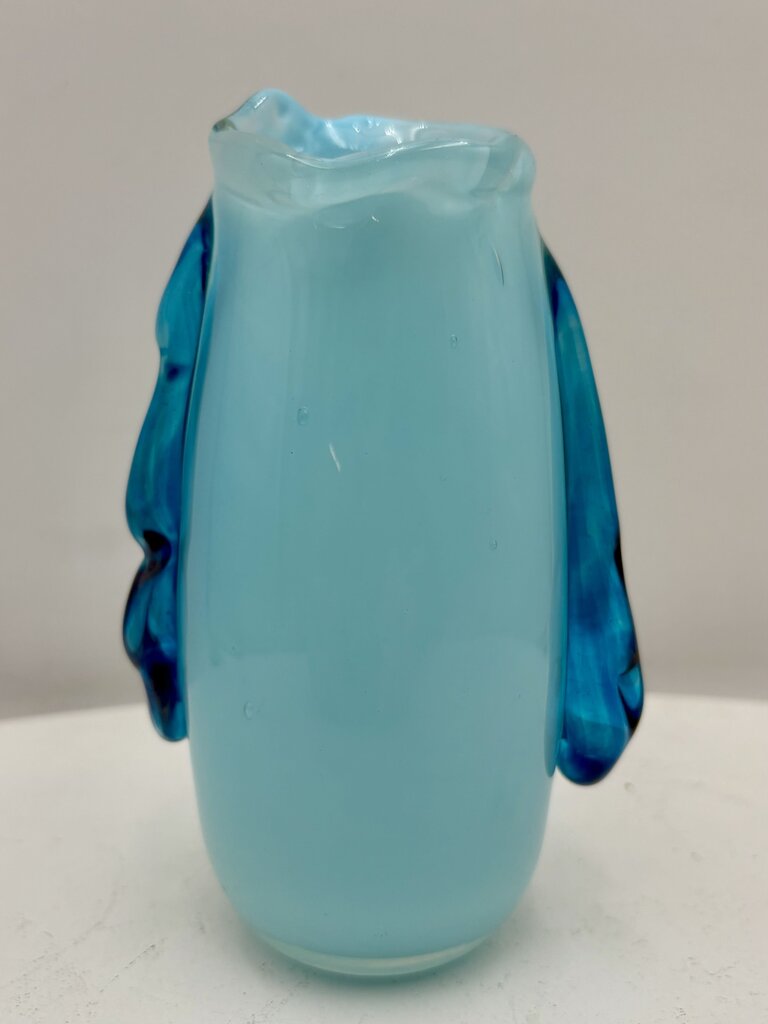 Murano Style Blown Glass Blue Bud Vase 6.6" Signed Bottom