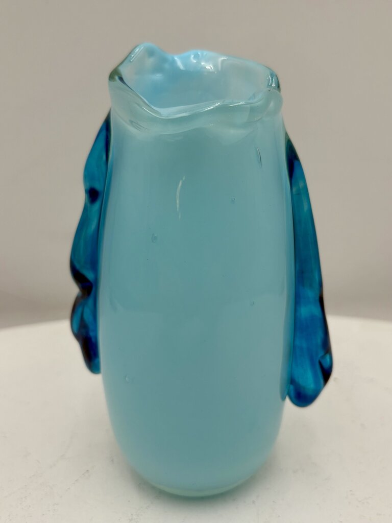 Murano Style Blown Glass Blue Bud Vase 6.6" Signed Bottom