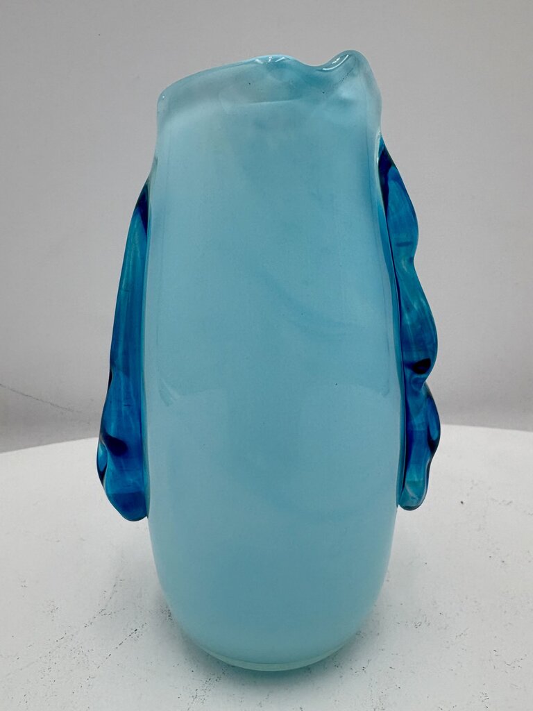 Murano Style Blown Glass Blue Bud Vase 6.6" Signed Bottom