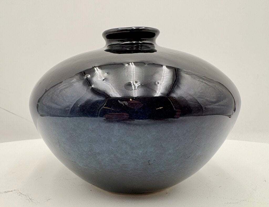Hand Made Dark Blue Pottery Narrow Mouth Vase 5.25"