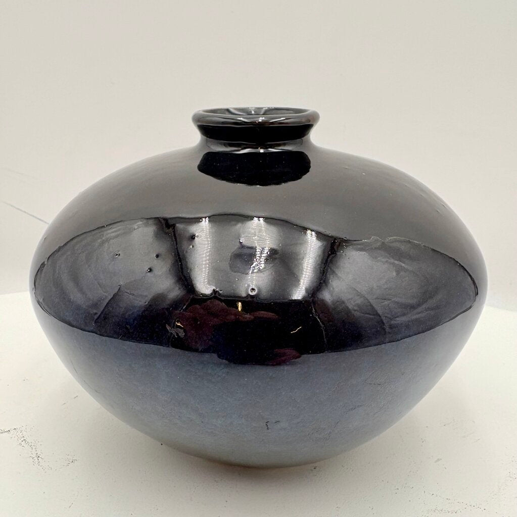 Hand Made Dark Blue Pottery Narrow Mouth Vase 5.25"
