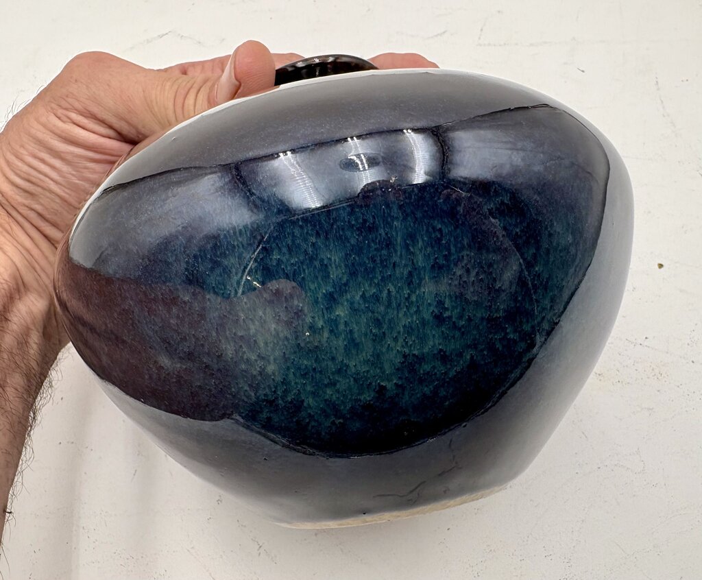 Hand Made Dark Blue Pottery Narrow Mouth Vase 5.25"