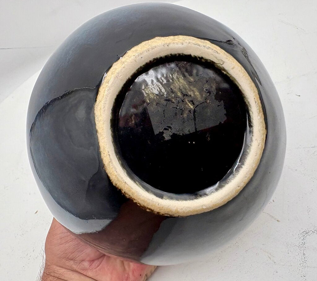 Hand Made Dark Blue Pottery Narrow Mouth Vase 5.25"