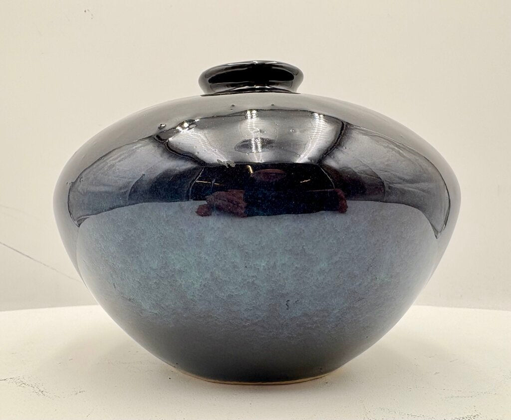 Hand Made Dark Blue Pottery Narrow Mouth Vase 5.25"