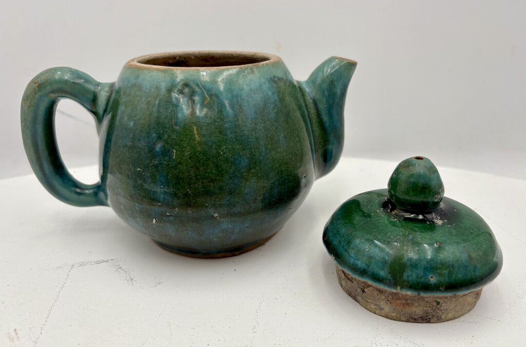 Dark Green Hand Made Pottery Lidded Teapot 3 Cup (2Pcs)