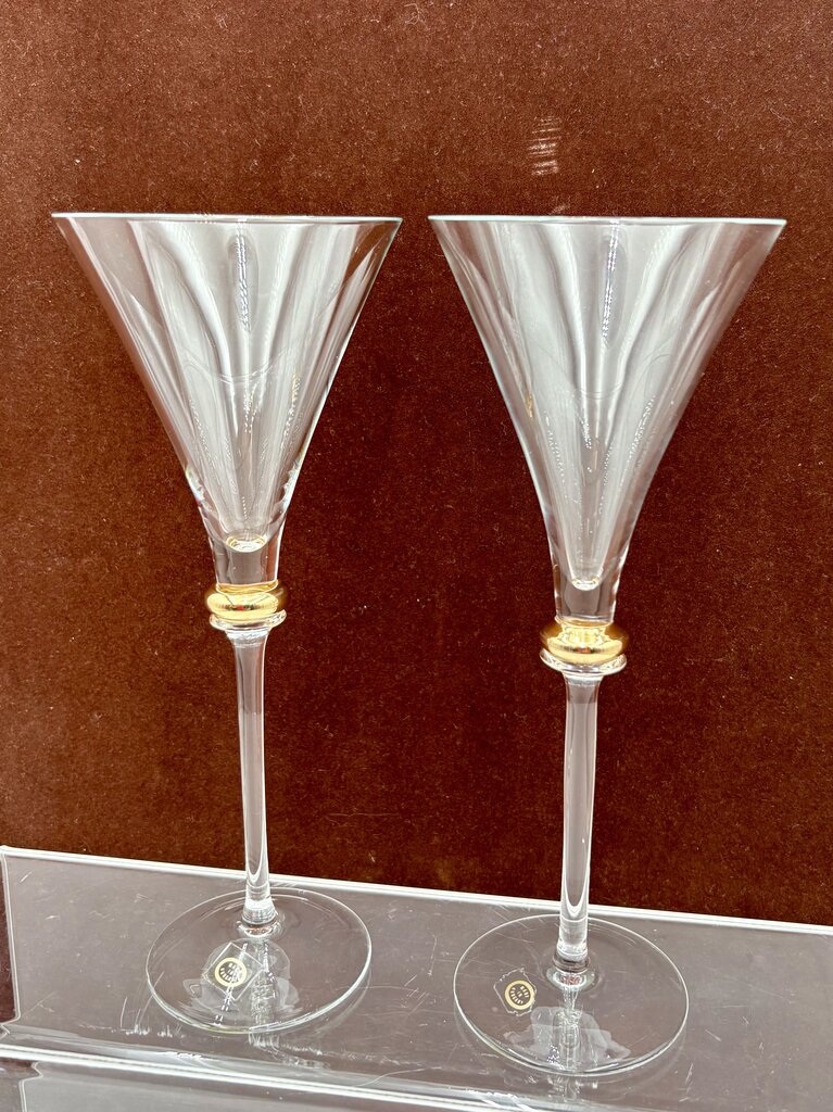Hungarian Bride & Groom Gold Bubble Stem Martini Glasses 8.75" (PAIR)
