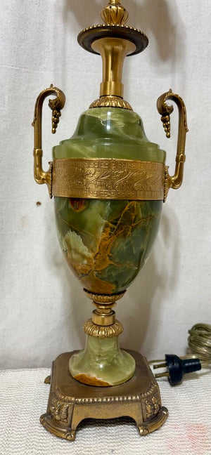 Vintage Benjamin French Empire Champleve Green Onyx & Bronze Gilt 2 Light Table Lamp