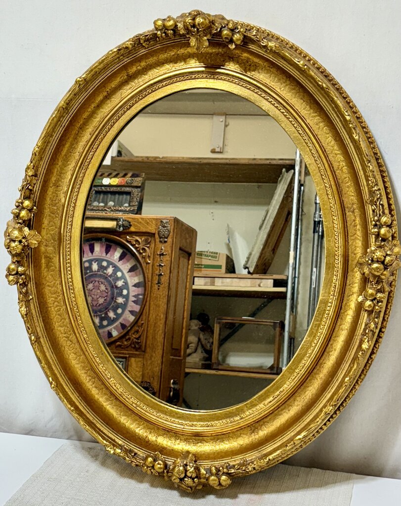 Vintage French Napoleon III Style Wood Plaster Gilt Oval Wall Mirror